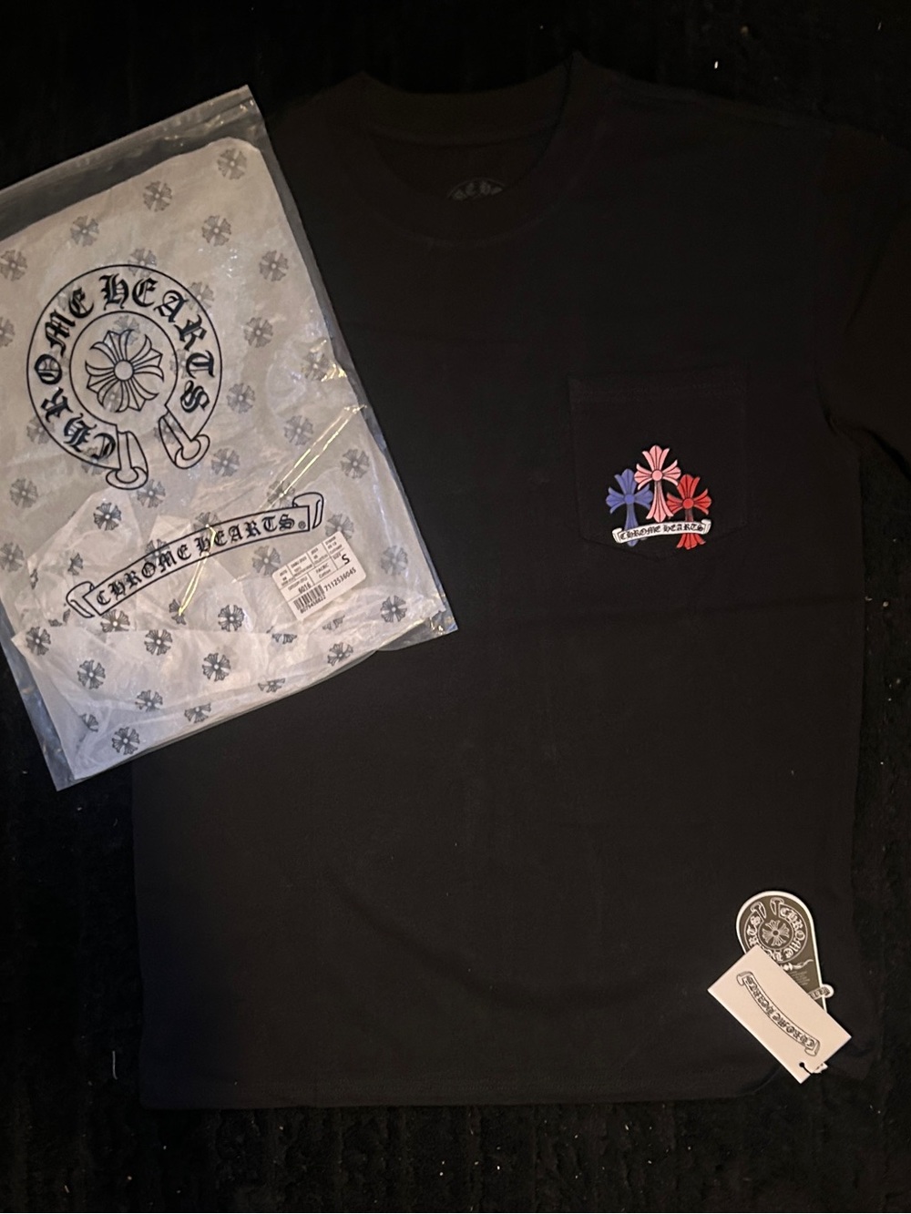 Chrome Hearts Black Pocket Tee with Tricolor Cross Flowers